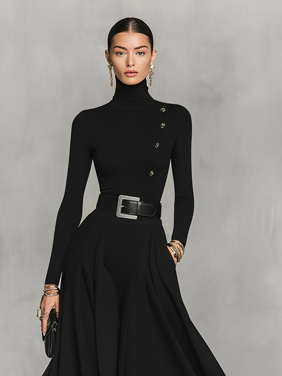 Black Knit Maxi Dress with High Neck and Button Detail