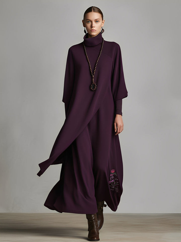 Maxi Dress with Turtleneck - Plum Embroidered Jersey