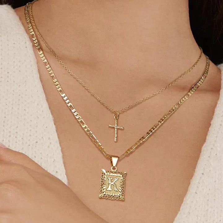 Initial Necklace Set with Cross Charm | Gold Layered Pendant