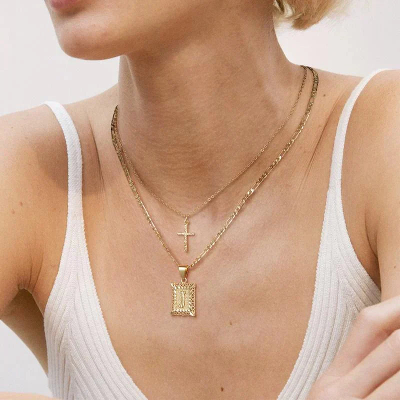 Initial Necklace Set with Cross Charm | Gold Layered Pendant