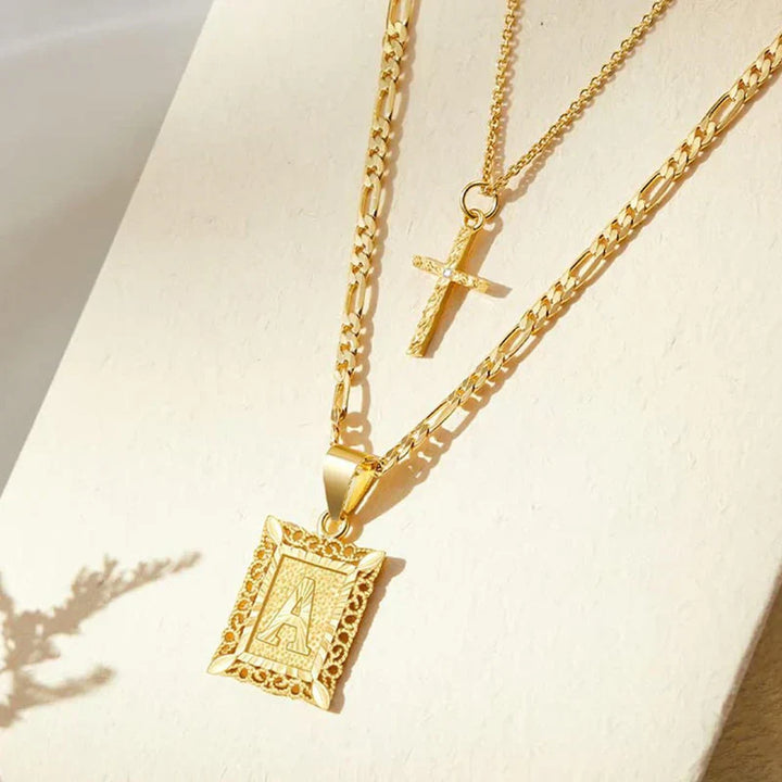 Initial Necklace Set with Cross Charm | Gold Layered Pendant