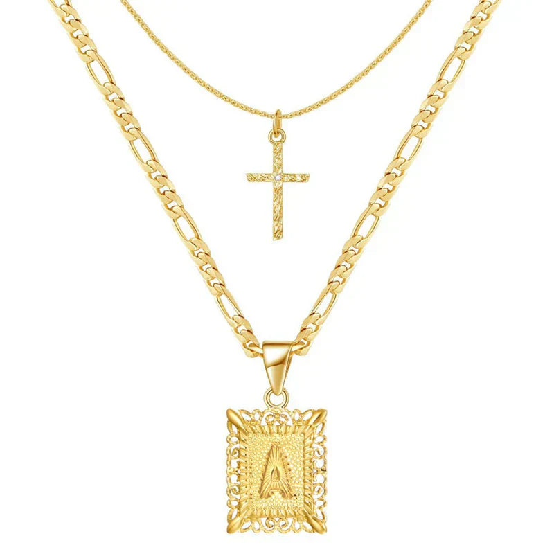 Initial Necklace Set with Cross Charm | Gold Layered Pendant