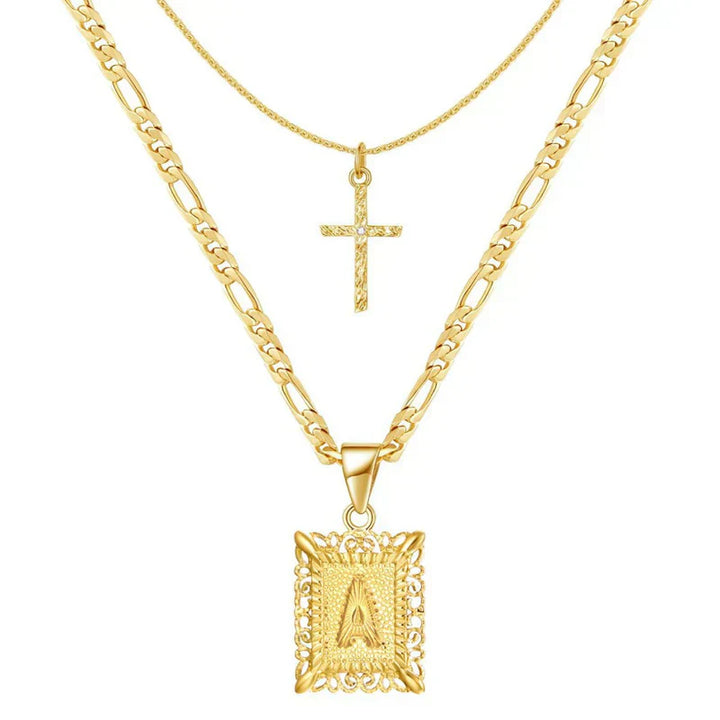 Initial Necklace Set with Cross Charm | Gold Layered Pendant