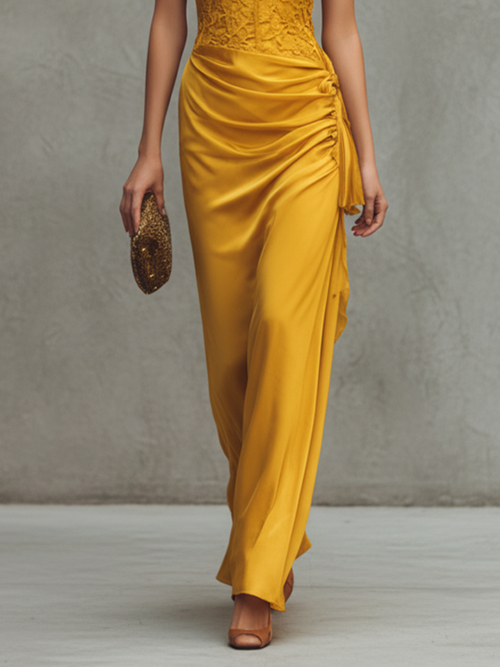 Lace Bodice Maxi Dress with Satin Skirt for Wedding Guest