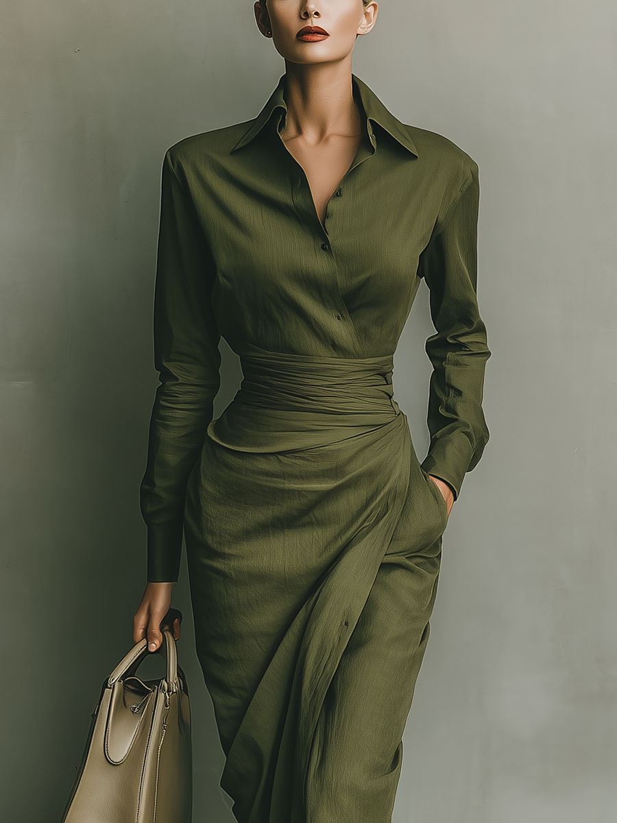 Army Green Maxi Dress for Women - Long Sleeve Cotton Blend