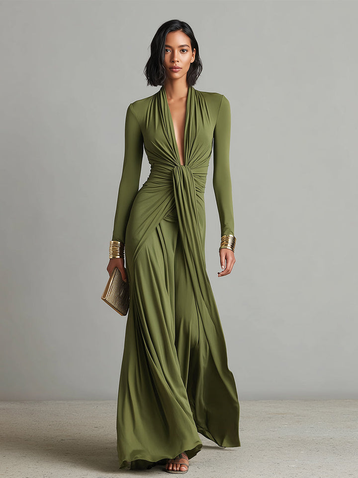 Olive Maxi Dress with Deep V-Neck and Ruched Detail
