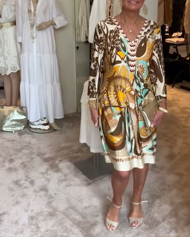 Vintage Print Dress with Short Sleeves for Women