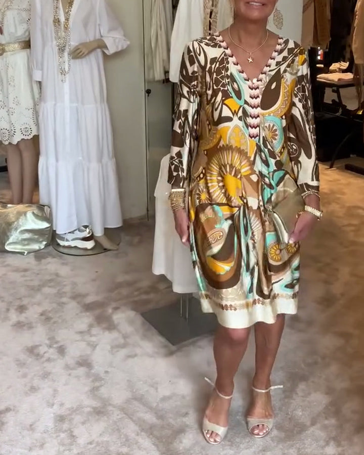 Vintage Print Dress with Short Sleeves for Women
