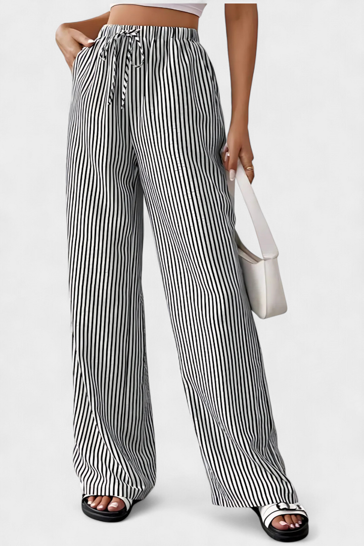 Striped Straight Leg Pants with Adjustable Waist - Lightweight