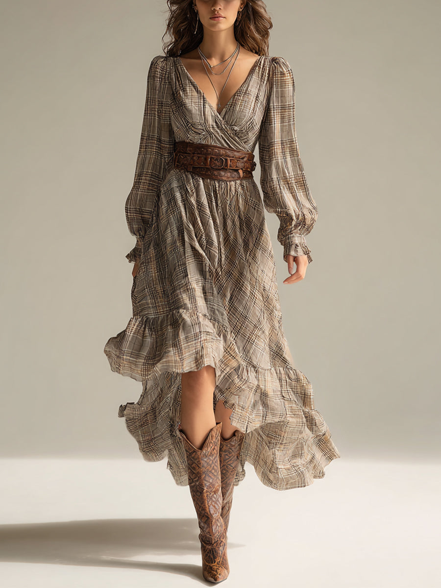 Plaid Midi Dress with Ruffles - Flowy Chiffon Bohemian Style