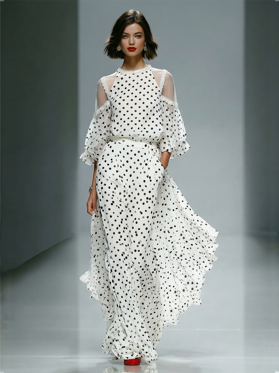 White Polka Dot Maxi Dress with Puff Sleeves