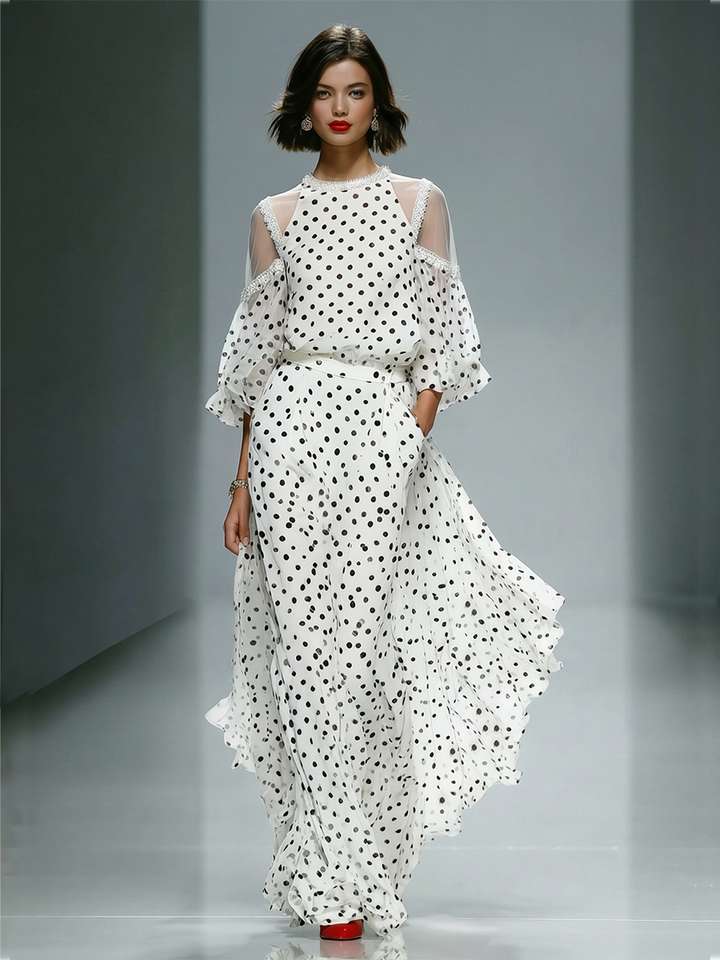 White Polka Dot Maxi Dress with Puff Sleeves