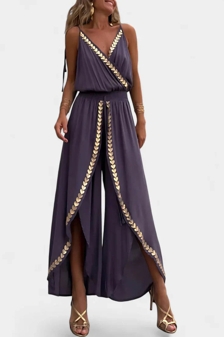 Backless Jumpsuit with Gold Accents and Crossover Neckline