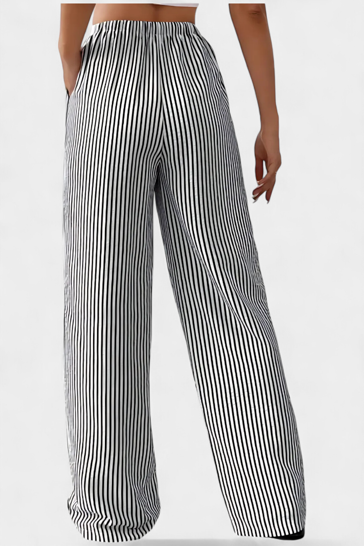 Striped Straight Leg Pants with Adjustable Waist - Lightweight
