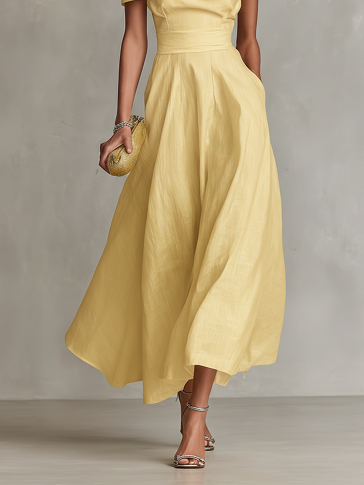 Yellow Linen Midi Dress One Shoulder Elegant Wedding Guest