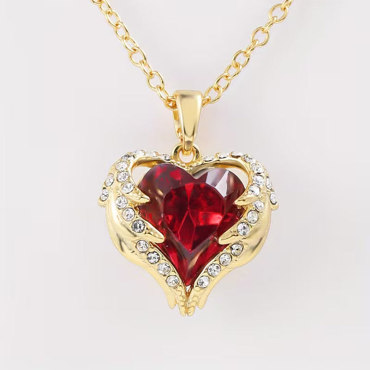 Heart Pendant Necklace Gold | Romantic Ruby Red Accent Jewelry