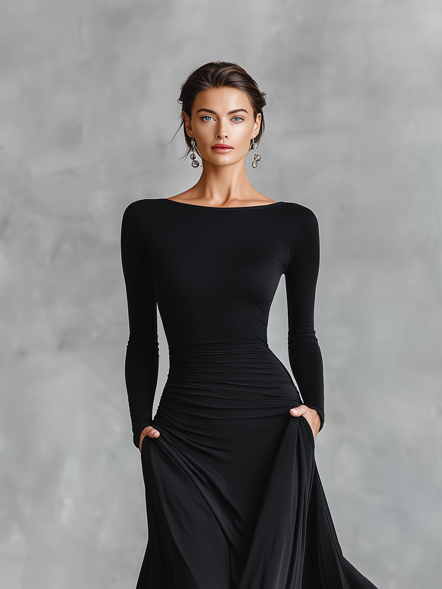 Black Maxi Dress with Ruched Bodice and Boat Neck