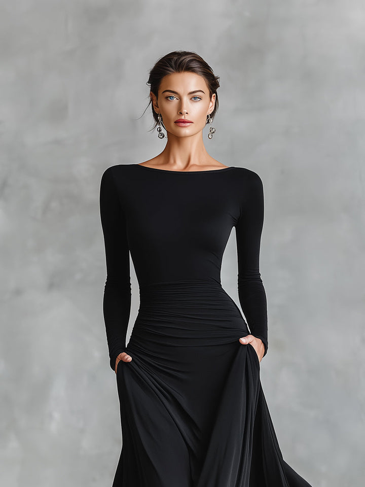 Black Maxi Dress with Ruched Bodice and Boat Neck