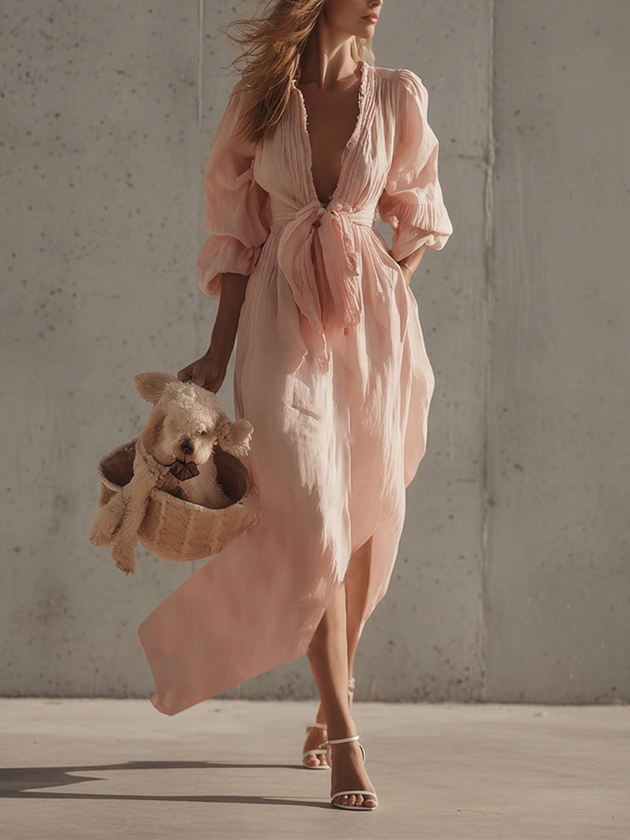 Cotton Maxi Dress with Puff Sleeves and Tie Waist in Blush