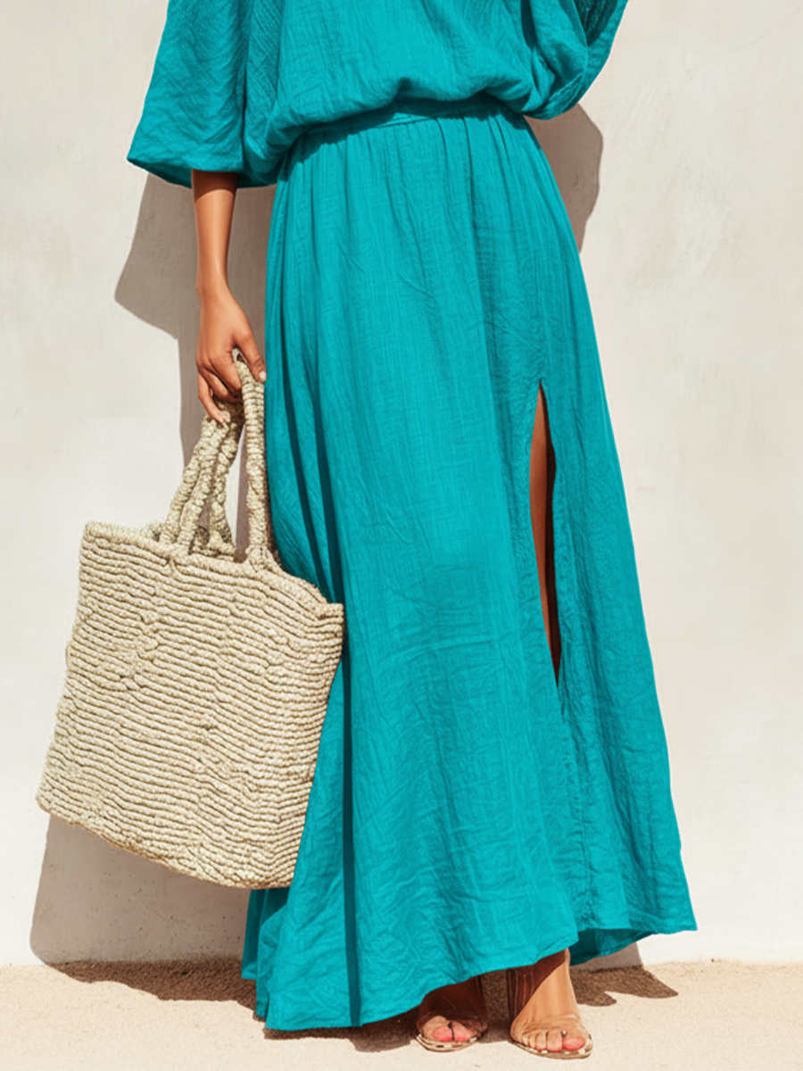 Linen Maxi Dress with Cold Shoulder Sleeves - Teal Resort Dress