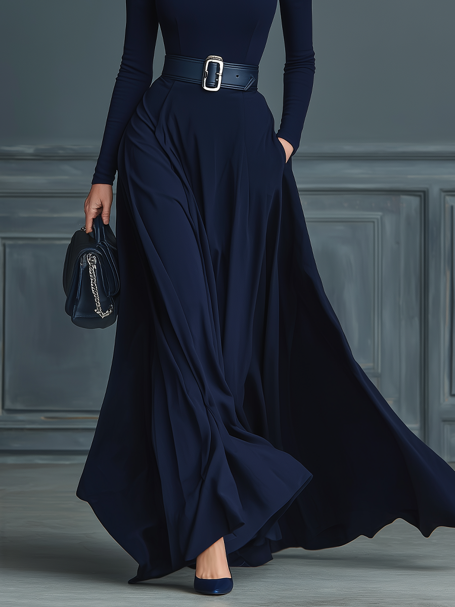 Knitted Maxi Dress High Neck Long Sleeve Dark Blue