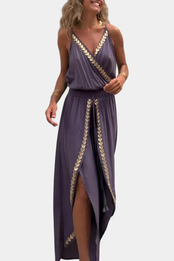 Backless Jumpsuit with Gold Accents and Crossover Neckline
