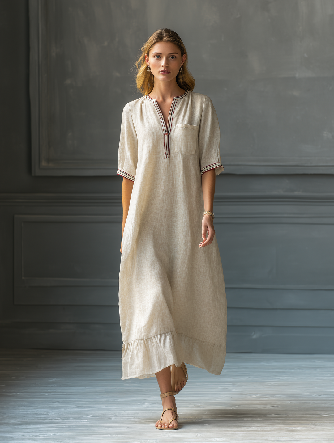 Linen Maxi Dress for Women with V-Neck and Ruffle Hem