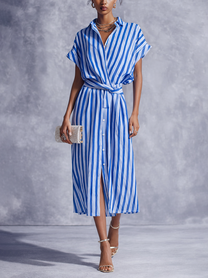 Striped Midi Wrap Dress with Belt - Cotton Linen Shirt Dress