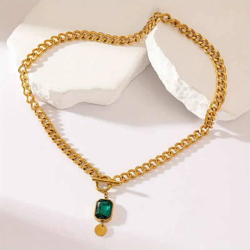 Gold Chain Necklace with Emerald Pendant | Chunky Statement Jewelry