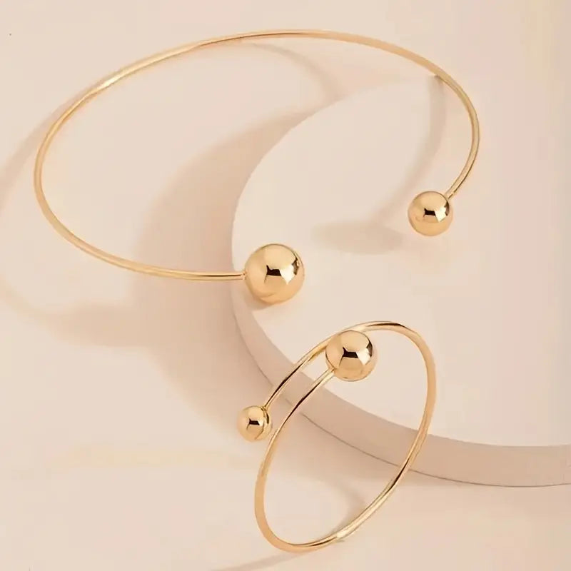 Gold Collar Necklace and Cuff Bracelet Set for Women
