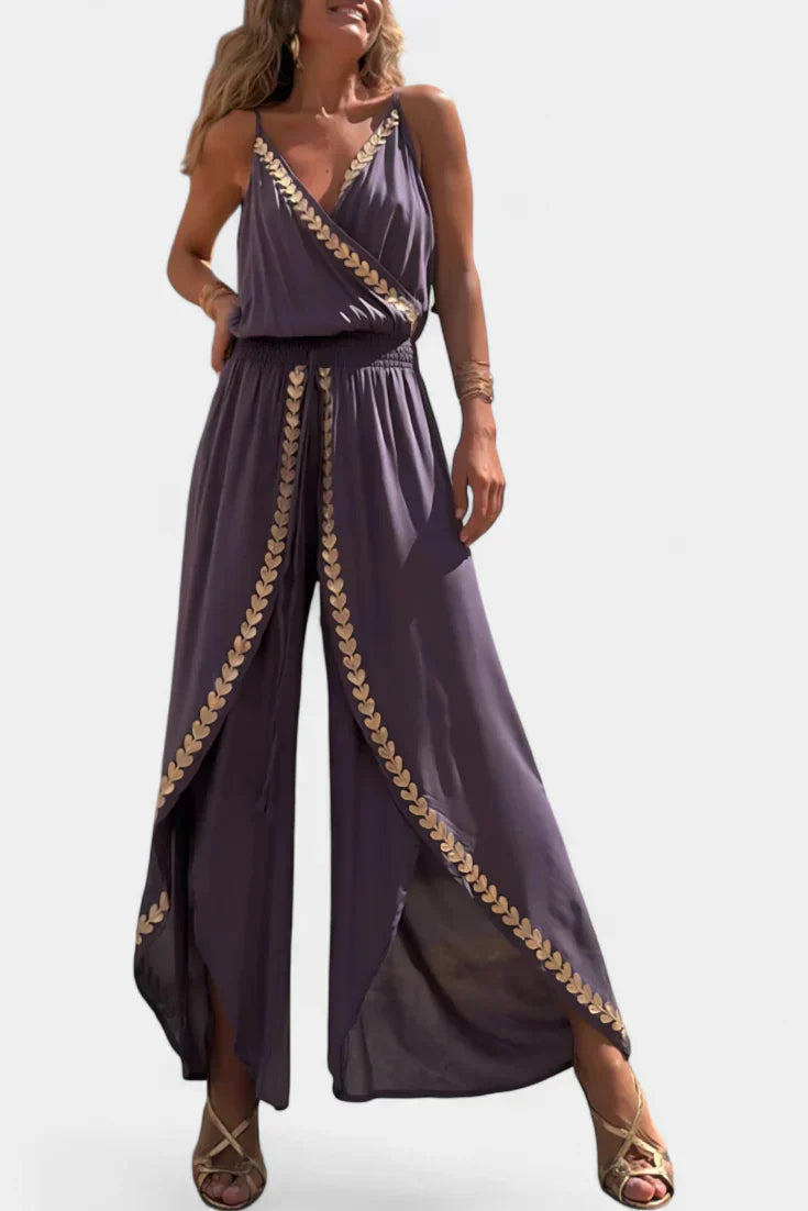Backless Jumpsuit with Gold Accents and Crossover Neckline