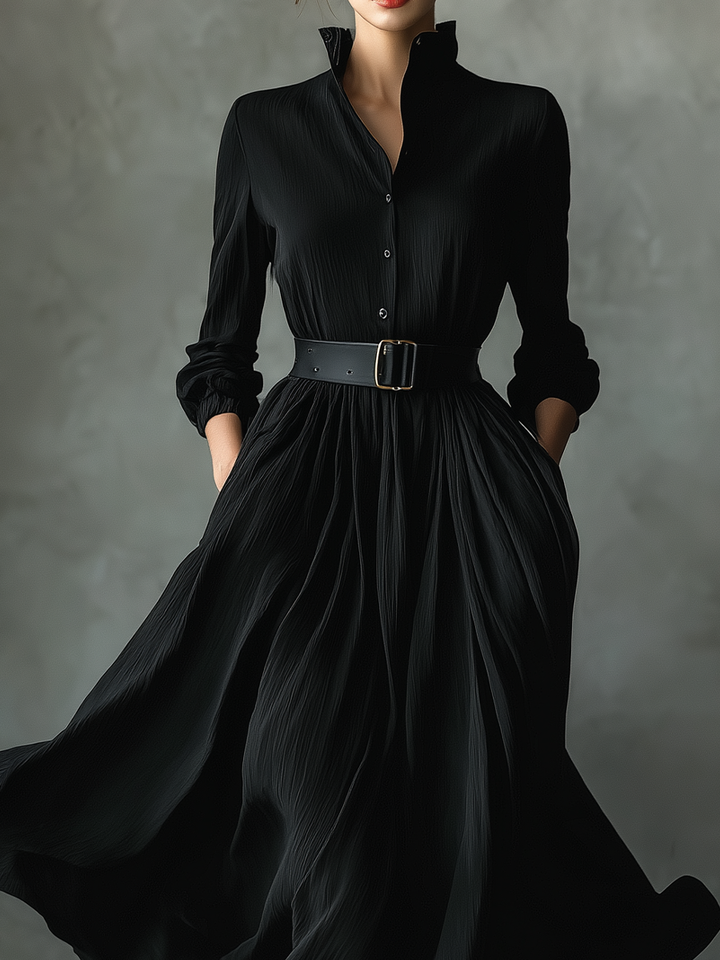 Black Maxi Dress Vintage Pleated Three Quarter Sleeve
