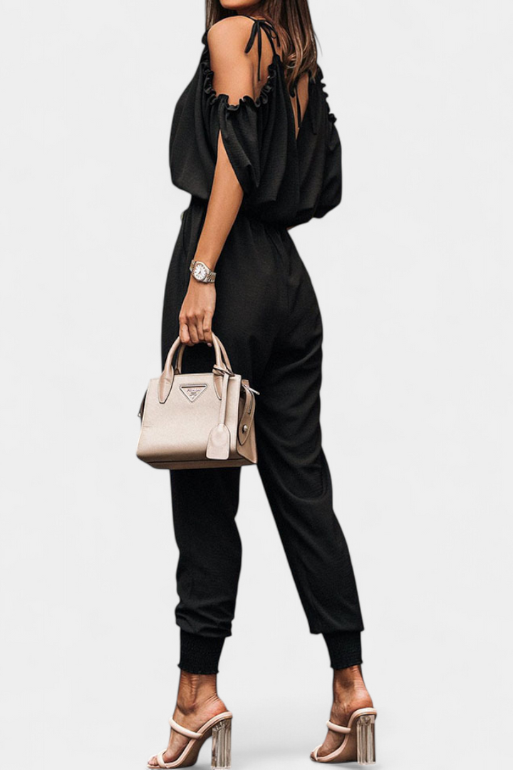 Off-Shoulder Jumpsuit with Knotted Detail and Elastic Waist