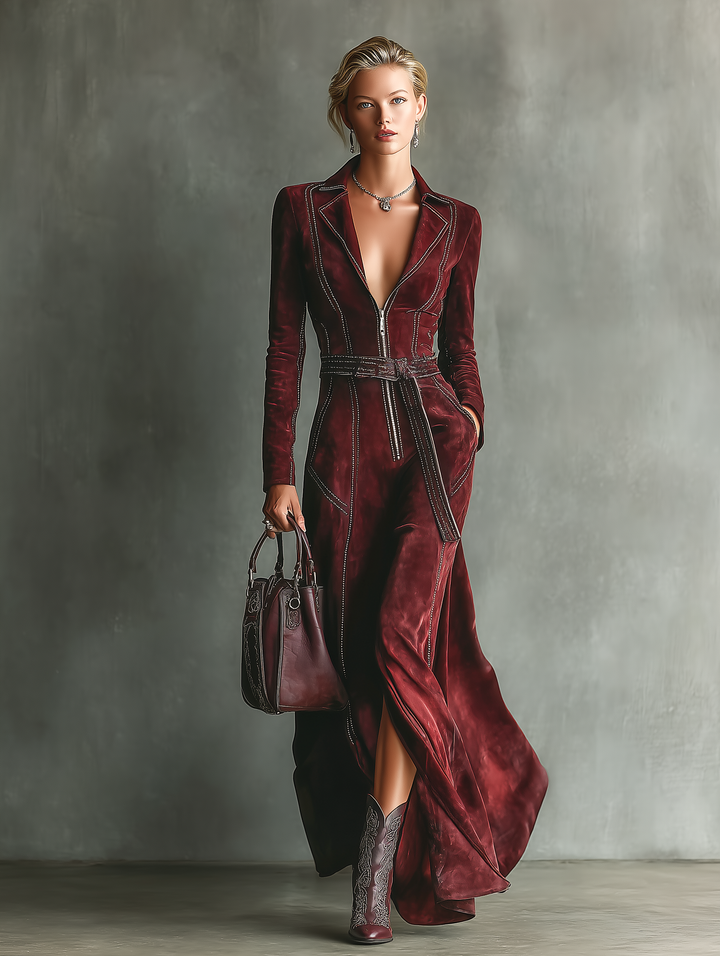 Burgundy Maxi Dress Long Sleeve Faux Suede V-Neck