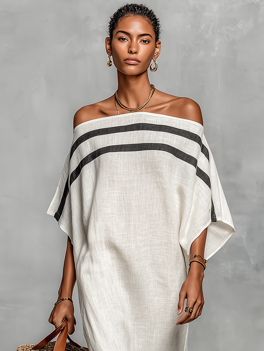 Linen Maxi Dress Off Shoulder Batwing Sleeve Casual