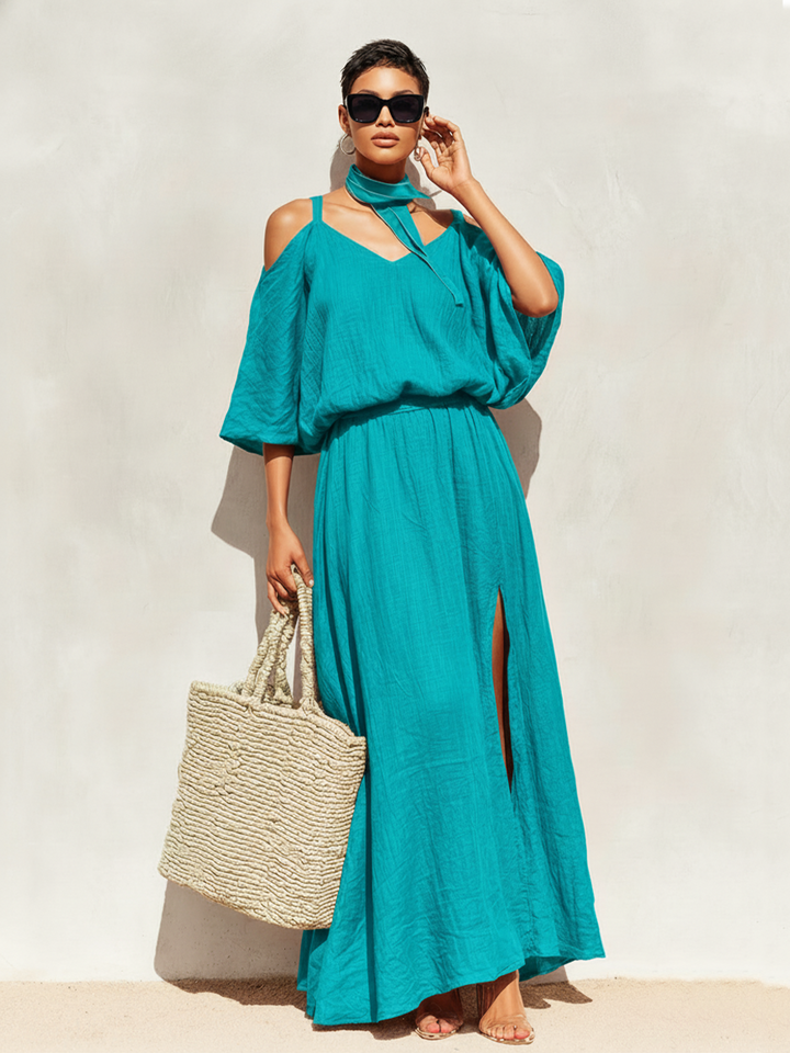 Linen Maxi Dress with Cold Shoulder Sleeves - Teal Resort Dress