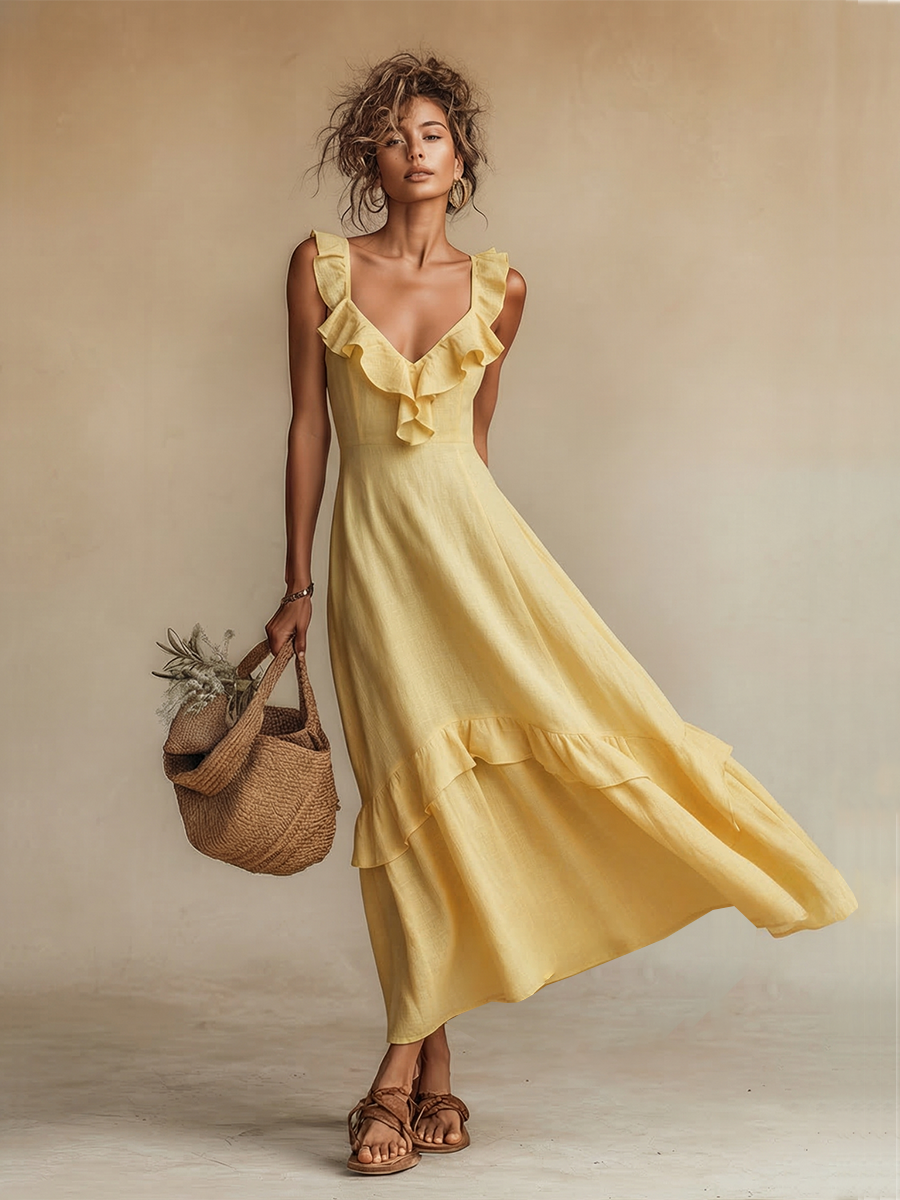Yellow Linen Maxi Dress with Ruffle V-Neck and Hem