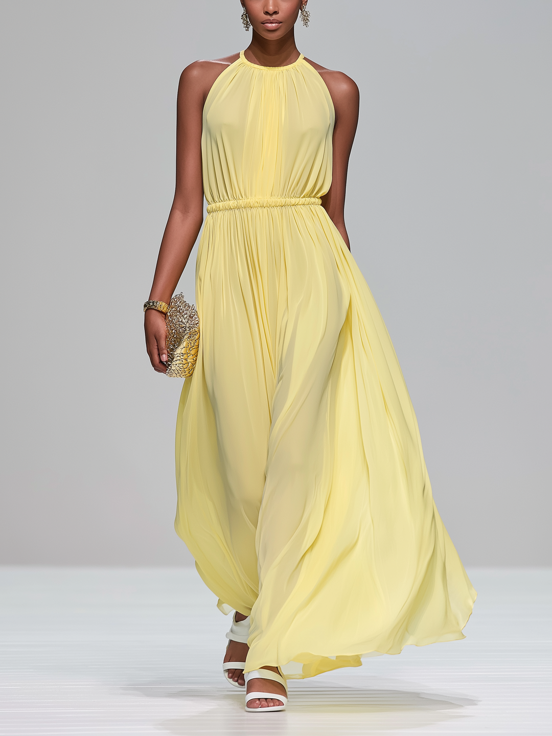 Chiffon Maxi Dress Light Yellow Sleeveless Wedding Guest