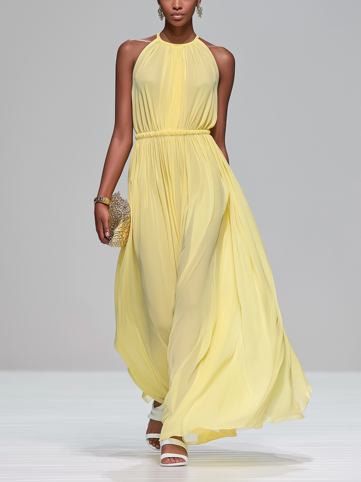 Chiffon Maxi Dress Light Yellow Sleeveless Wedding Guest