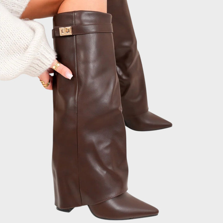 Leather Knee High Boots Women | Wide Shaft Pointed Toe