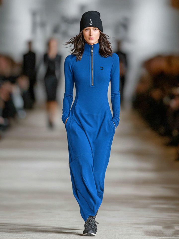 Cotton Maxi Dress with Zipper Collar for Women