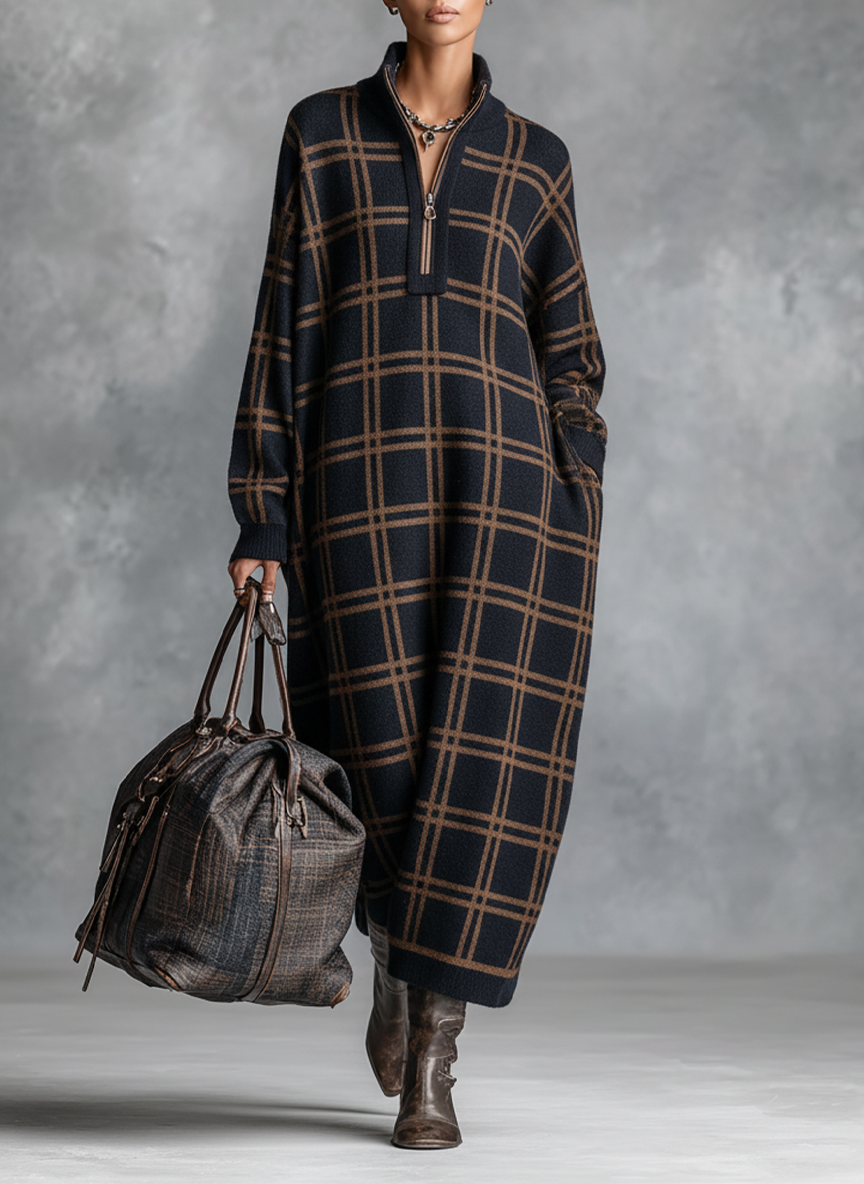 Plaid Knit Maxi Dress with Zipper Neck for Women
