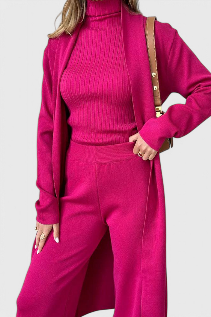 3-Piece Knit Set Long Cardigan Wide Leg Pants Turtleneck