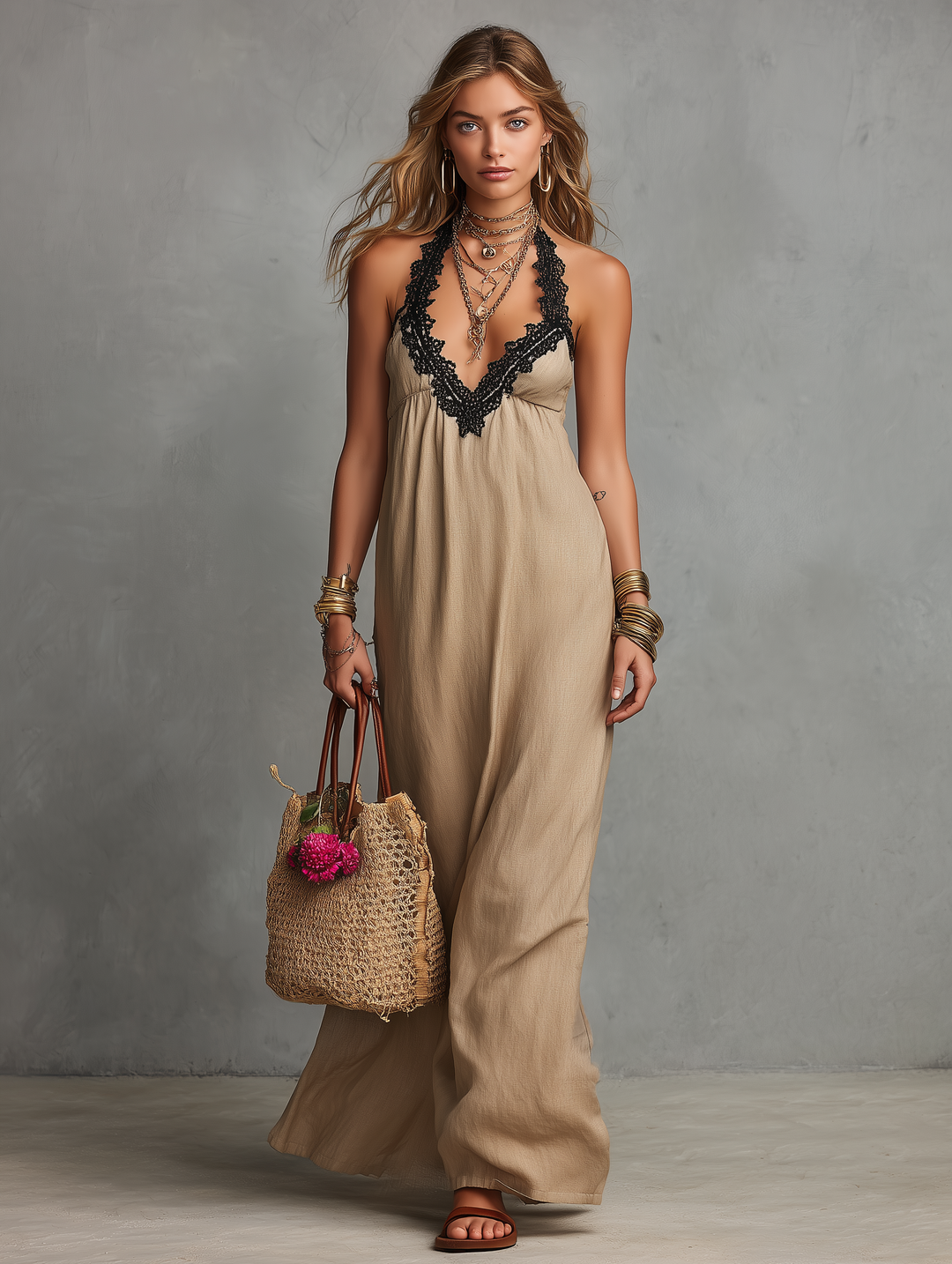 Halter Maxi Dress in Khaki Linen with Lace Detail