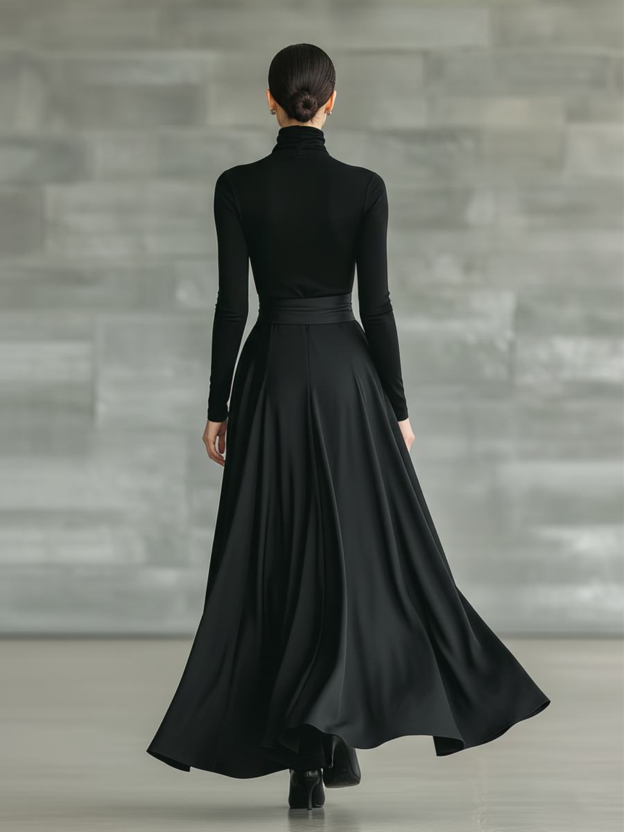 Black Maxi Dress with High Neck and Satin Flared Skirt