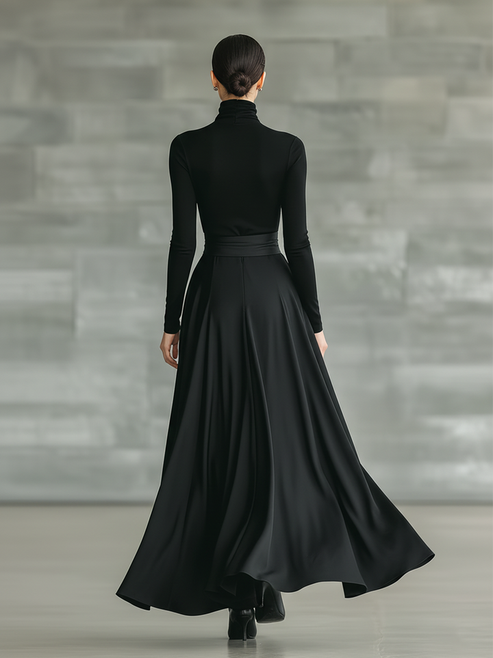 Black Maxi Dress with High Neck and Satin Flared Skirt
