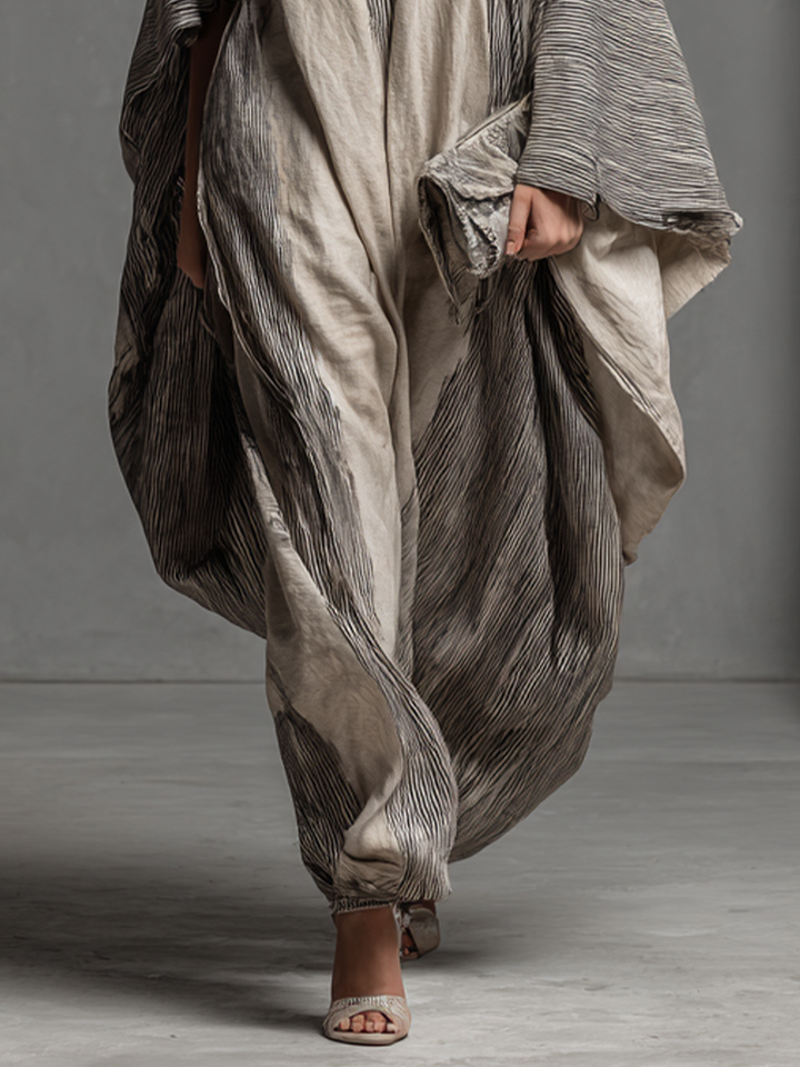 Striped Kaftan Maxi Dress - Cotton Linen V-Neck Resort Wear
