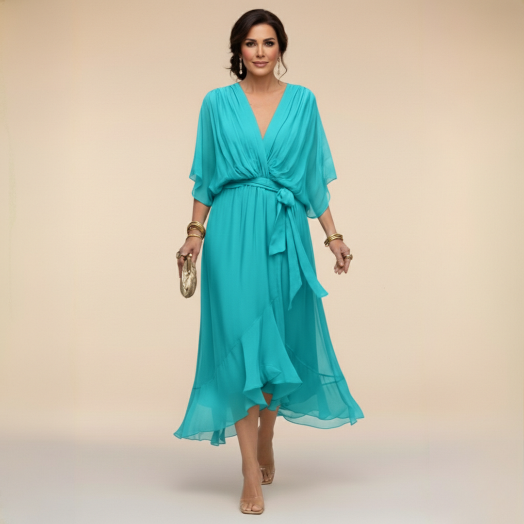 Chiffon V-Neck Dress for Women - Elegant Flowing Midi Dress