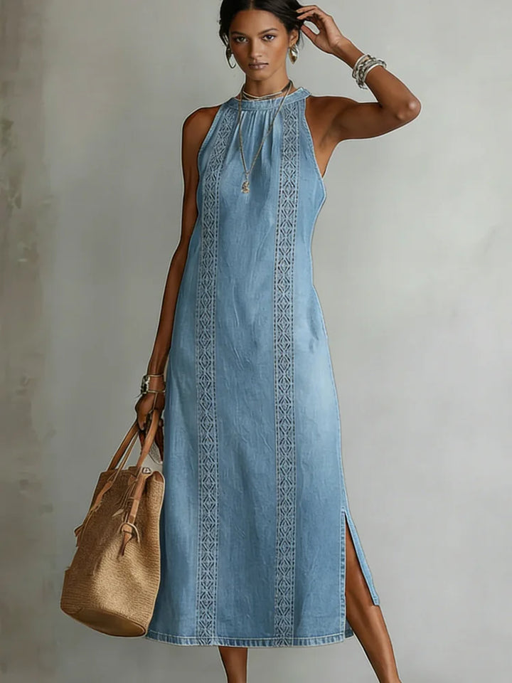 Denim Dress with Lace Detail | Retro Button Front Dress