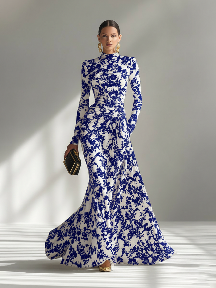 Floral Maxi Dress Long Sleeve High Neck Black White Print